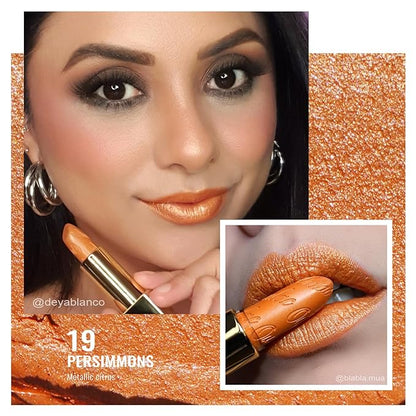 Oulac Pumpkin Color Lipstick with Metallic 3D Shine Hydrating Formula, High Impact Lip Color, Vegan Beauty, Full Coverage Lip Makeup, Christmas Gifts for Women, Persimmons(19)