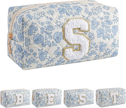 JOVAKIT Alphabet Makeup Bag Cosmetic Bag for Women, Christmas Gifts for Girls Age 6-18, Floral Flowers Coquette Travel Toiletry Zipper Make Up Pouch Organizer Trendy Stuff (Blue Floral S)