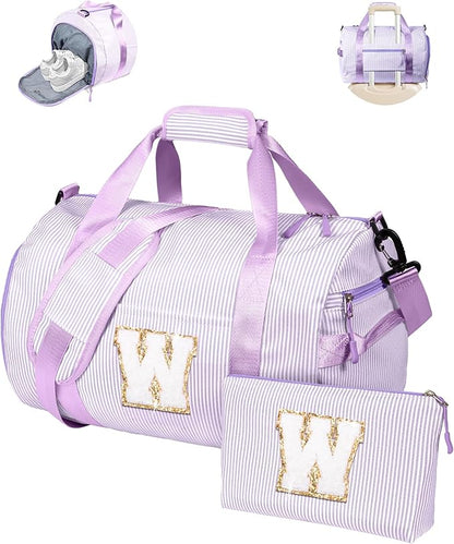 Christmas Gift for Her, Girls Travel Duffle Bag, Kids Initial Overnight Duffel Bags with Shoe Compartment, Personalized Dance Bag with Cosmetic Pouch, Tween Gifts Trendy Stuff (Letter W)