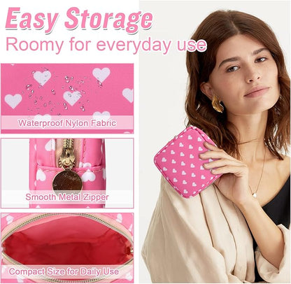 Nylon Mini Makeup Bag for Purse - Small Cute Cosmetic Zipper Pouch - Waterproof Travel Coin Pouch - Sanitary Napkin Storage - Make Up Organizer for Women & Girls (Pink Heart)