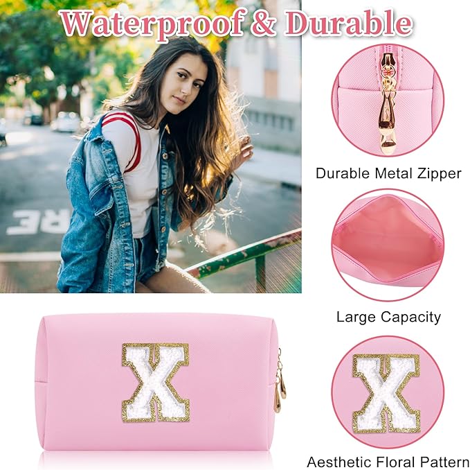 Personalized Initial Letter Patch Makeup Bag, Preppy Portable Chenille Cosmetic Bag with Zipper, PU Leather Waterproof Travel Toiletry Bag Monogram Make Up Pouch for Women Girls