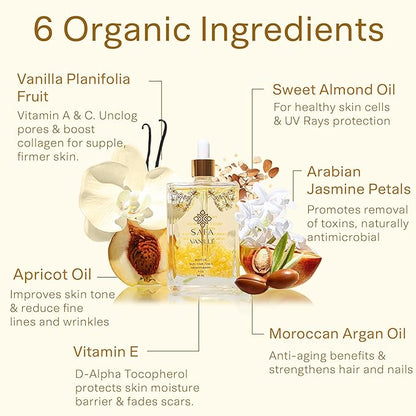 SAFA Vanillé Oil - Organic Oil for Face, Body, Hair, Nails & Aromatherapy | Vanilla Extract & Jasmine Petals - Essential Oil for Diffusers | After Shower Body Oil | Skin Moisturiser (4 Fl Oz)