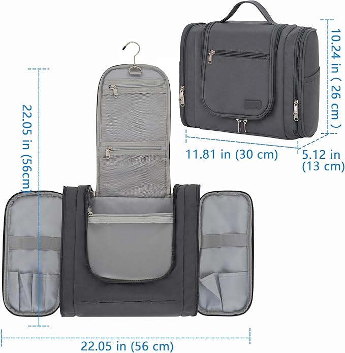 Hanging Toiletry Bag for Men, Travel Makeup with Metal Swivel Hook, Organizer for Full Sized Cosmetics and Toiletries, Water-Resistant Nylon, Grey