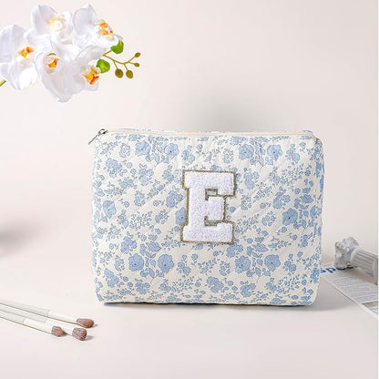 Alphabet Makeup Bag Cosmetic Bag for Women, Christmas Gifts for Age 11-18, Personalized Floral Coquette Travel Bag, Trendy Stuff Zipper Make Up Pouch Organizer Bag (Blue Floral E)