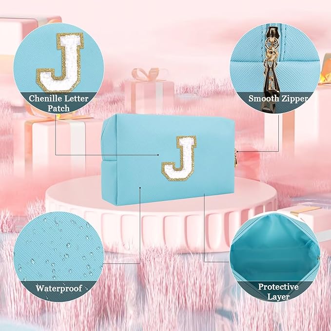 Small Personalized Letter Makeup Bag, Cute PU Leather Chenille Letters Cosmetic Bag Travel Makeup Pouch, Preppy Travel Organizer Zipper Pouch for Women&Girls（Blue-J）
