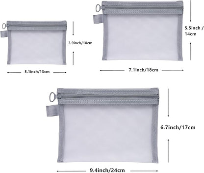Quotidian Flat Clear Mesh Zipper Pouch Gray Makeup Brush Bag Travel Organizer 3-Size Pack of 9 - Vacation Gym Everyday Carry School