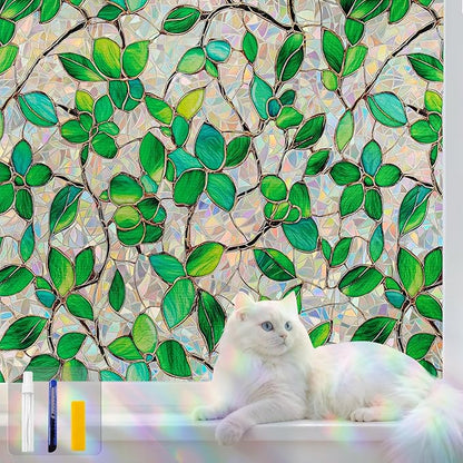 Stained Glass Window Privacy Film Decorative Rainbow Static Clings – Ideal for Home & Office, Adhesive-Free, Removable, UV-Blocking (Green Rainbow, 35.4 X 78.7 in)