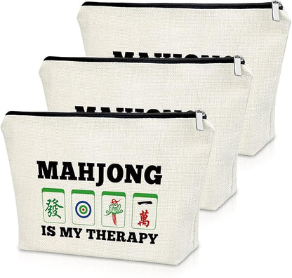 Sazuwu 3PCS Mahjong Gift Makeup Bag Cosmetic Organizers Travel Pouch Mahjong Themed Funny Gift for Players Lover Retirement Christmas Birthday Present