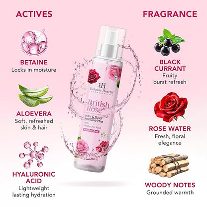 Botanic Hearth British Rose Hair Perfume & Body Perfume Mist with Hyaluronic Acid, Alcohol-Free, Refreshing & Hydrating Body Spray, Long Lasting Floral Fragrance, 100 ml / 3.4 fl oz