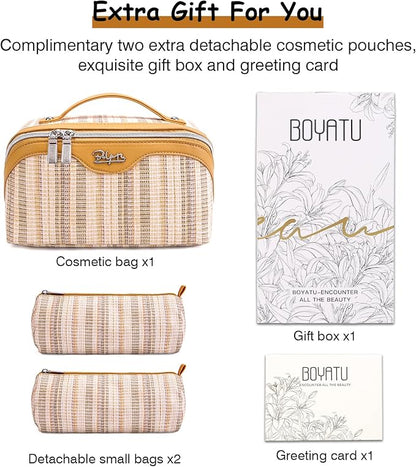 BOYATU Travel Makeup Bag for Women: Large Capacity Open Flat Make up Bag Set of 3 - Vegan Leather Cosmetic Bag with Compartments - Waterproof Toiletry Bag with Handle & Divider(I-4-Gold)