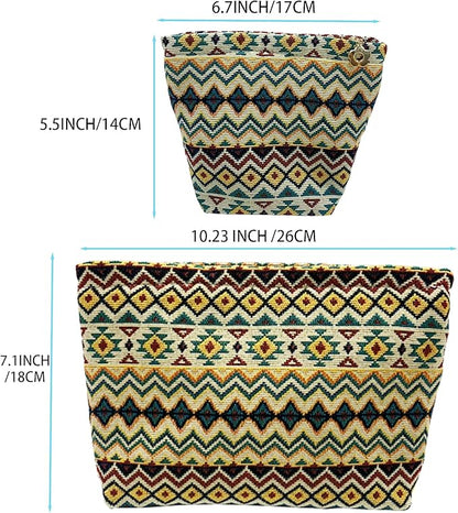 2 Pcs Makeup Bags, Large Cosmetic Bag Travel Toiletry Bag Organizer for Women, Embroidery Craft, Stripe Makeup Bag Small Cosmetic Pouch Purse with Zipper Gifts for Girls Teen