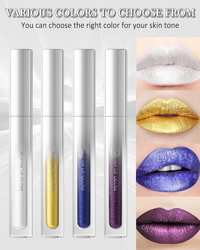 Glitter Sheer Silver Lip Gloss, Matte Metallic Shimmer Non-Stick Lip Gloss,Long-Lasting Waterproof Smudge Proof Liquid Lipstick Lipgloss,Sparkle Diamond Lip Tint Stain, Makeup Gift for Women Girl-01