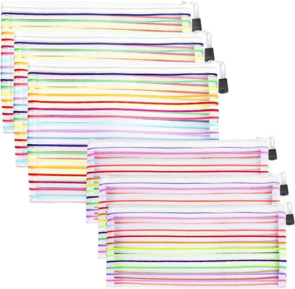 Mesh Bags with Zipper (6 Pack), Nylon Makeup Bag Cosmetic Pouches Travel Organizer Case for Purse Diaper Bag Home Organizing Striped Multi Size White