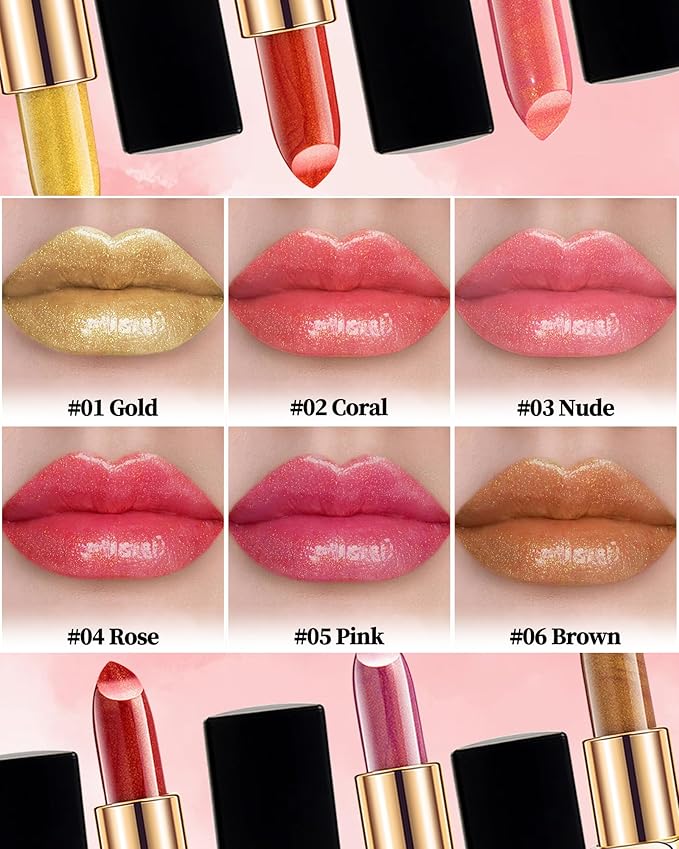 Metallic Rose Color Changing Shimmer Lipstick for Women,3D Shine High Impact Long Lasting Hydrating Transfer Proof Lipstick,Creamy Matte Non Sticky Plumping Lip Gloss,Full Coverage Lip Color Makeup 04