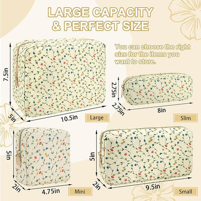 Waterproof Small Floral Makeup Bag Pouch for Purse,Nylon Flower Cosmetic Bag Preppy Travel Toiletry Storage Bag for Women Girl,Cute Makeup Organizer Bag Pouch with Zipper(Small Light Yellow-Flowers)