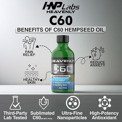 HNP Labs C60 Organic Hemp Seeds Oil - 99.99% C60, Food-Grade Supplement for Longevity & Wellness - 80mg C60 Organic Hemp Oil Boost Vitality, Anti-Aging Formula for Radiant Skin Lab-Tested for Purity