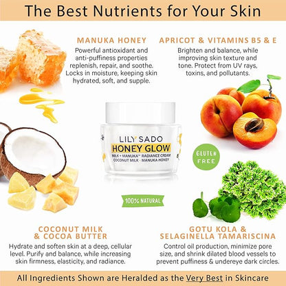 LILY SADO HONEY GLOW Radiance Cream Face Moisturizer - Natural Daily Facial Lotion w Manuka Honey, Coconut, Apricot, Gotu Kola, and VITS B5 & E - Amazing Anti Aging Formula. 2 oz