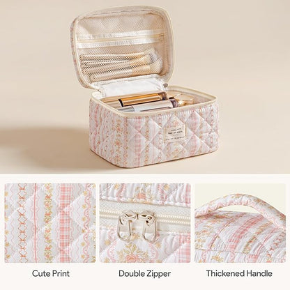HBselect Quilted Makeup Bag, 3PCS Cotton Large Travel Makeup Bag, Cute Floral Coquette Make up Bag Cosmetic Bag Toiletry Bag for Women Girls