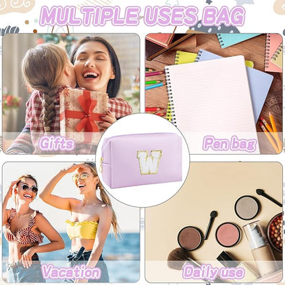 Gifts for Girls Initial Makeup Bag Personalized Cosmetic Bag with Zipper Cute Travel Toiletry Bag Waterproof PU Preppy Makeup Pouch Birthday Gift for Teen Girls Women(Purple W)