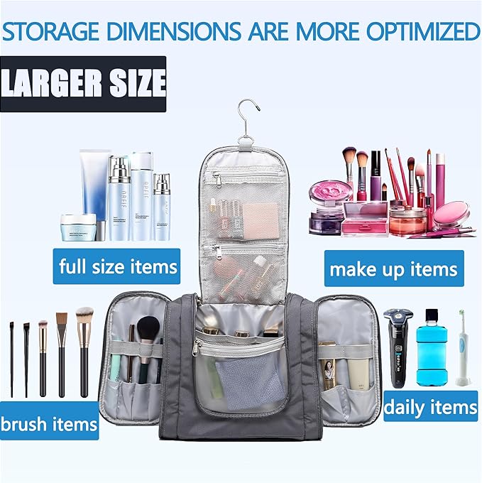 Hanging Toiletry Bag for Men, Travel Makeup with Metal Swivel Hook, Organizer for Full Sized Cosmetics and Toiletries, Water-Resistant Nylon, Grey