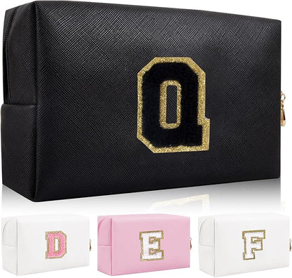 Personalized Initial Letter Patch Makeup Bag, Preppy Portable Chenille Cosmetic Bag with Zipper, PU Leather Waterproof Travel Toiletry Bag Monogram Make Up Pouch for Women Girls