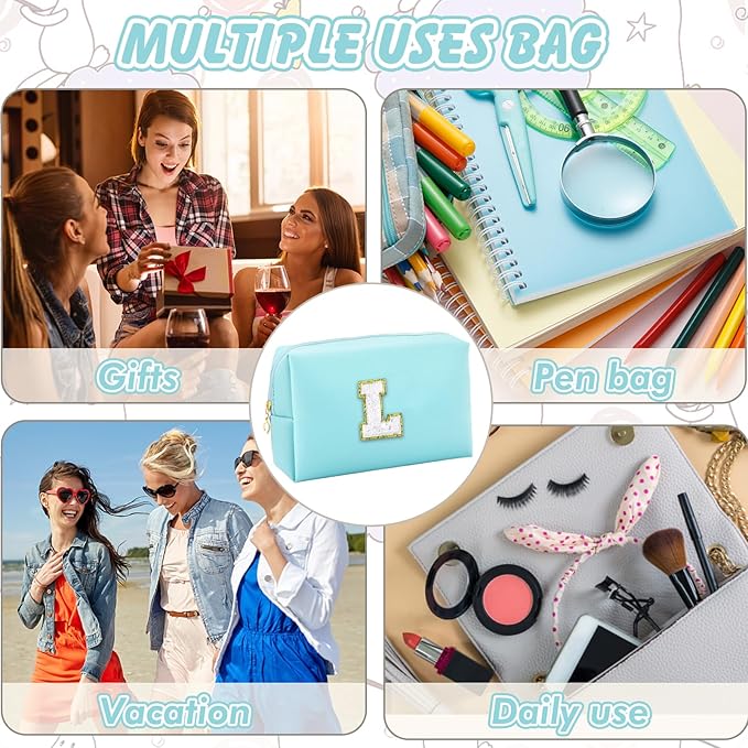 Gifts for Girls Initial Makeup Bag Personalized Cosmetic Bag with Zipper Cute Travel Toiletry Bag Waterproof PU Preppy Makeup Pouch Birthday Gift for Teen Girls Women(Blue L)