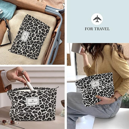 STARDW Leopard Makeup Bag Organizer Cosmetic Bags for Women and Girls,Travel Toiletry Bag Large Capacity Canvas Makeup Zipper Pouch, Purse Organizer Pouches (Gray Leopard)