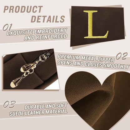 Personalized Initial Makeup Bag,Preppy Suede Cosmetic Bag for Teen Girls,Small Monogram Travel Toiletry Bag With Gold Embroidered Letter,Trendy Stuff Custom Christmas Gift for Women(Coffee-L)