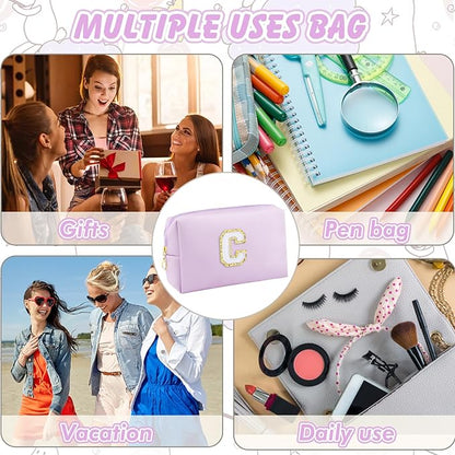 Gifts for Girls Initial Makeup Bag Personalized Cosmetic Bag with Zipper Cute Travel Toiletry Bag Waterproof PU Preppy Makeup Pouch Birthday Gift for Teen Girls Women(Purple C)