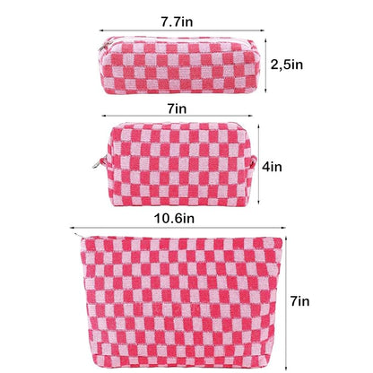 ZLFSRQ 3Pcs Makeup Bag Checkered Cosmetic Bag Set Travel Toiletry Bags for Purse Large Small Makeup Pouch for Women Cute Preppy Pencil Pouch Case Pink Zipper Skincare Bags