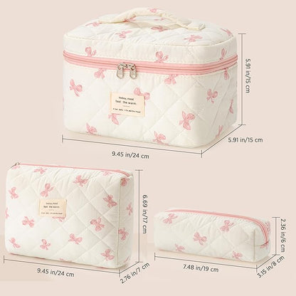 HBselect Quilted Makeup Bag, 3PCS Cotton Large Travel Makeup Bag, Cute Floral Coquette Make up Bag Cosmetic Bag Toiletry Bag for Women Girls