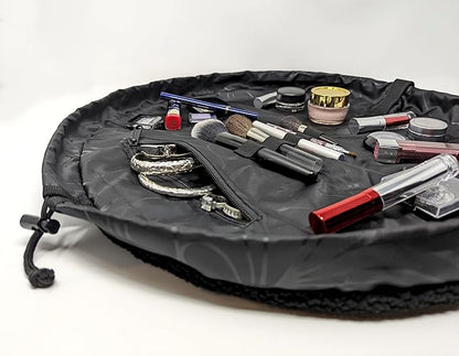Lay-n-Go Cosmo Drawstring Cosmetic & Makeup Bag Organizer - Portable Drawstring Makeup Bag w/Zipper Pocket, Makeup Loops & More - Durable, Machine Washable Toiletry Bag (20", Comfort/Black Sherpa)