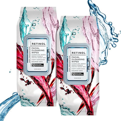 Body Prescription Makeup Cleansing Wipes - Gentle and Effective Face Wipes, 50 Count (Pack of 2), Retinol