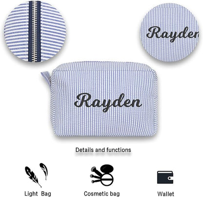 MT WORLD Cosmetic Bag Personalized Makeup Bag Seersucker Preppy Bridesmaid Makeup Bag Aesthetic Cute Women Toiletry Bag Girls Handbags Purses (Blue)