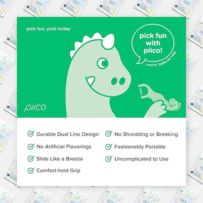 Piico Unflavored Kids Floss - No Fluoride Dual Line Dental Floss Picks - Fun Oral Care in Colorful Floss Sticks Design - Kids Flossers Prevent Tooth Decay & Gum Disease - 240 Count Dino & Travel Case