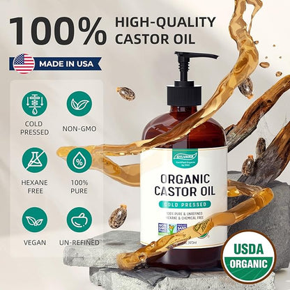 SYLVANA Organic Castor Oil with Pump (16oz Glass Bottle), USDA Certified Organic, Cold Pressed, Hexane Free, Vegan - 100% Pure Castor Oil for Hair Growth, Nourishing Skin, Lashes & Eyebrows