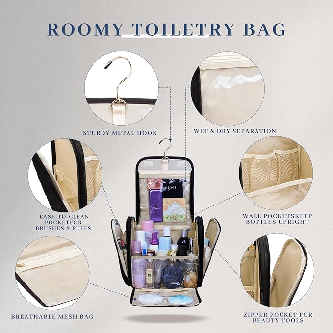 Inmorven Makeup Bag for Women with Hanging Hook - Portable Cosmetic Case, Large Portable Capacity Travel Hanging Toiletry Bag Organizer Case for Toiletries and Cosmetics, Black