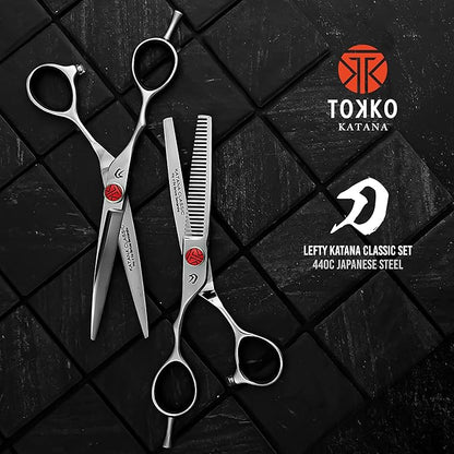 Katana Classic Left Handed Professional 6.5" Lefty Hair Shear Set by Tokko Shears, 440C Japanese Steel Left Hand Haircut Regular & Thinning Scissors for Barbers and Salon Professionals