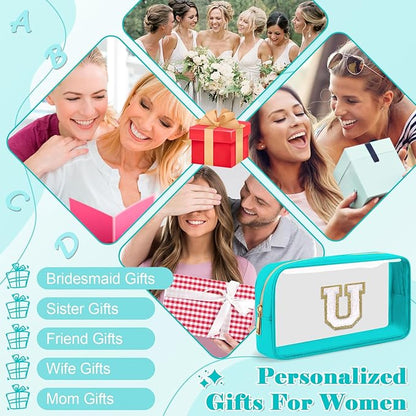 Personalized Initial Letter Clear Makeup Bag,Preppy Small Nylon&PVC Cosmetic Zipper Bag with Chenille Letter,Portable Beach Travel Skincare Toiletry Bag,Trendy Monogram Gift for Teen Girls Women,U