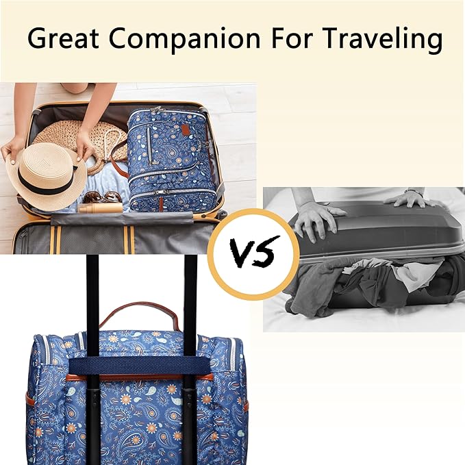 Hanging Toiletry Bag for Women, Travel Makeup with Metal Swivel Hook, Organizer for Full Sized Cosmetics and Toiletries,Water-Resistant Nylon,Paisley Floral