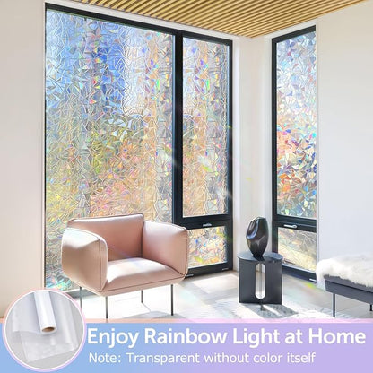 HIDBEA Window Privacy Film Non-Adhesive Static Cling Stained Glass Window Film Rainbow Glass Stickers Reusable Anti UV 3D Decorative Window Film for Home Door, 17.3 x 78.7 Inch