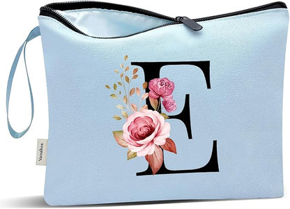 Vavabox A-Z Personalized Makeup Bag, Birthday Gifts for Women Mom, Gifts for Best Friend, Bride Bridesmaid Cosmetic bag (E, Blue)