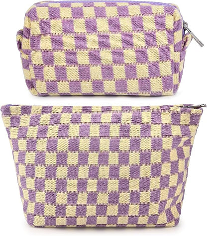 SOIDRAM 2 Pcs Checkered Makeup Bag Large Cosmetic Bag Toiletry Bag Makeup Pouch Travel Bag Organizer Cute Makeup Brushes Aesthetic Accessories Storage Bag for Women Purple