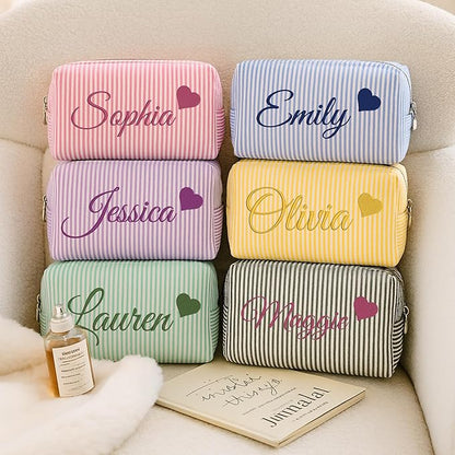 Personalized Seersucker Makeup Bag with Embroidered Name&Birth Flower,Custom Small Travel Cosmetic Bag Toiletry Bag Wedding Gifts for Bridesmaid Bride (4-Makeup Bag with Crown)