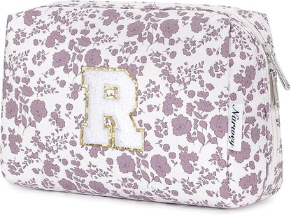 Narwey Birthday Gifts for Teen Girls Kids Women Personalized Initial Floral Makeup Bag Cute Cosmetic Trendy Stuff 6 8 10 11 12 13 14 16 18 Years Old Travel Toiletry Bag (Little Dusty Pink Flower R)