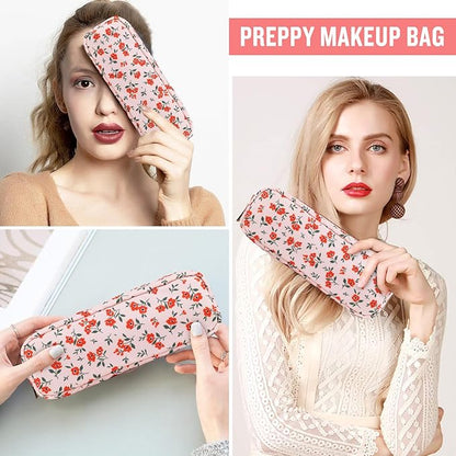 Nylon Small Floral Makeup Bag Slim Pouch, Preppy Cute Makeup Brush Bag Pink Makeup Bag Flower Cosmetic Zipper Pouch for Purse, Waterproof Travel Toiletry Bag Make Up Organizer for Women(Pink-Floral)