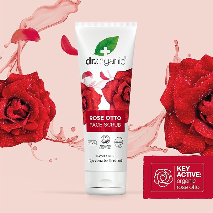 Dr. Organic Rose Otto Face Scrub | Deep Exfoliation, Aids in Healthy Aging, Promotes Radiant Glowy Skin, Vegan, Certified Organic, Natural, 125 mL / 4.2 fl oz