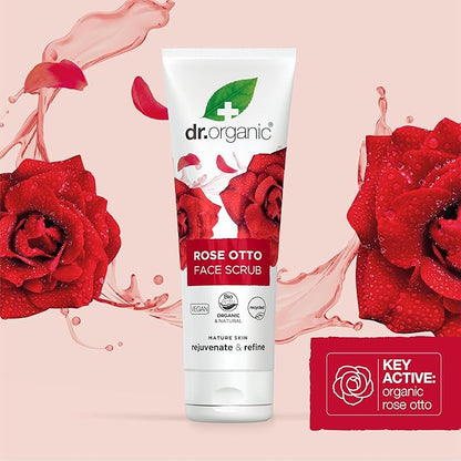 Dr. Organic Rose Otto Face Scrub | Deep Exfoliation, Aids in Healthy Aging, Promotes Radiant Glowy Skin, Vegan, Certified Organic, Natural, 125 mL / 4.2 fl oz