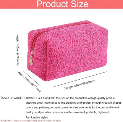 JOVAKIT Travel Makeup Bag Cosmetic Bag for Women, Fashion Christmas Gifts, Plush Zipper Make Up Pouch, Large Capacity Toiletry Organizer Makeup, Portable Storage Bag Trendy Stuff (Rose Red)