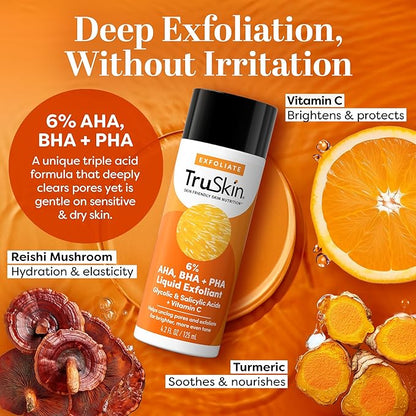 TruSkin BHA Liquid Exfoliant & Toner – PHA AHA BHA Gentle Exfoliator with Salicylic & Glycolic Acid, Vitamin C – Improve Appearance of Tone & Texture, Unclog & Minimize Look of Pores, 4.2 fl oz